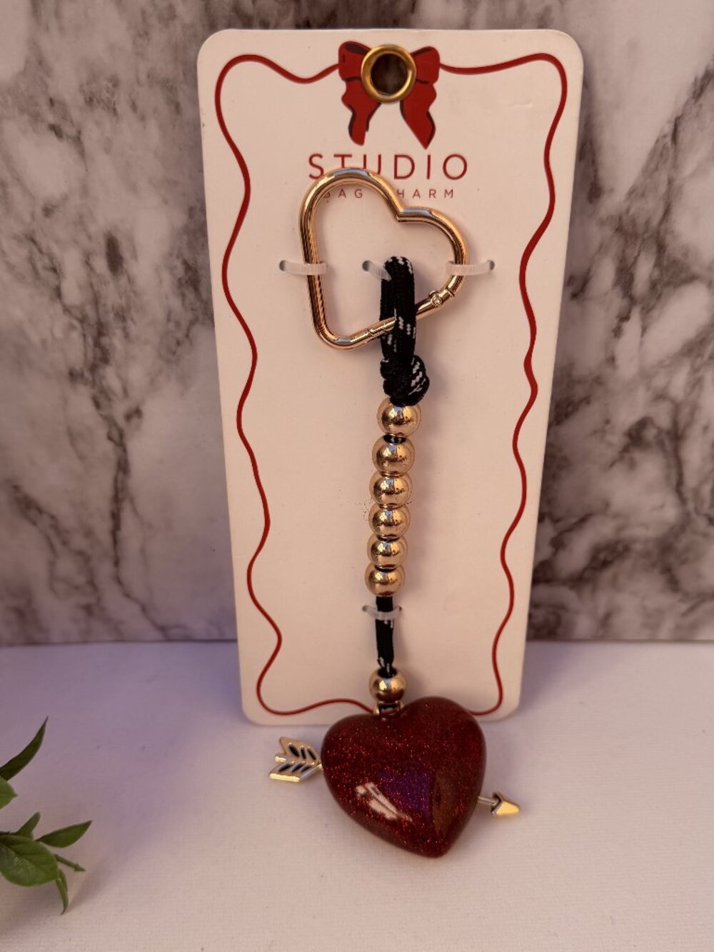 tudio Bag Charm Heart Keychain Gold Tone Beaded Strap Red Glitter Heart